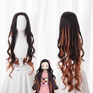 Demon Slayer Kimetsu no Yaiba Kamado Nezuko Long Curly Hair Wig Cosplay Costume